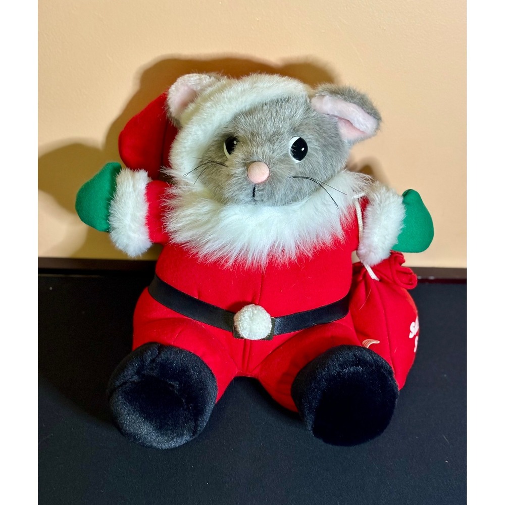 Vintage 1980s JC Penney Santa Grey Mouse Plush 12" Christmas Stuffed Animal Sack